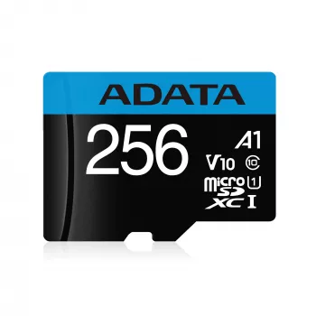 ADATA 256 GB microSDXC atmiņas karte UHS-I Class 10 V10 (lasīšana 100 MB/s, rakstīšana 25 MB/s) ar SD adapteri