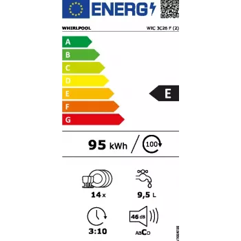 Daļēji iebūvējamā trauku mazgājamā mašīna WHIRLPOOL WIC 3C26 F — 60 cm, 14 komplekti, 46 dB, Energoklase E