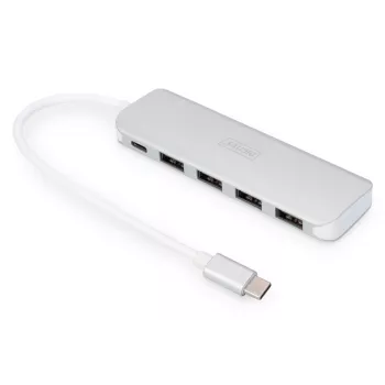 DIGITUS USB-C HUB 4 Portu PD 4x USB 3.0, 1x PD Lādēšana, Pelēks