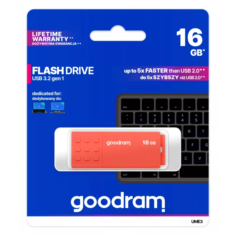 USB zibatmiņa GOODRAM UME3 16 GB USB Type-A 3.2 Gen 1 (oranža), 60/20 MB/s, plastmasas korpuss bez vāciņa