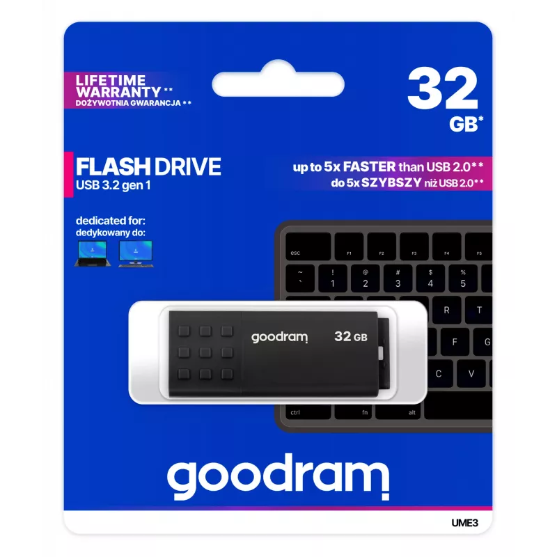 USB zibatmiņa GOODRAM UME3 32 GB, USB Type-A 3.2 Gen 1, melna, 51×21×9.6 mm