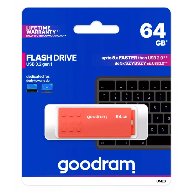 USB zibatmiņa GOODRAM UME3 64GB USB Type-A 3.2 Gen 1, oranža, 60MB/s lasīšana, 20MB/s rakstīšana