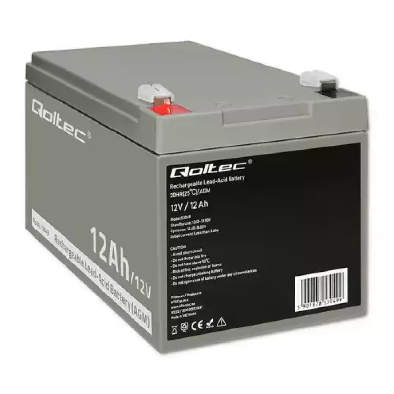 Qoltec 53049 AGM akumulators 12V 12Ah, pelēks, 150×98×95 mm