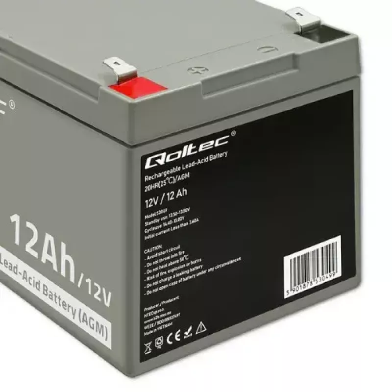 Qoltec 53049 AGM akumulators 12V 12Ah, pelēks, 150×98×95 mm