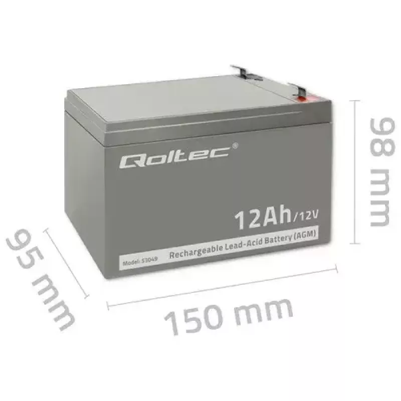 Qoltec 53049 AGM akumulators 12V 12Ah, pelēks, 150×98×95 mm