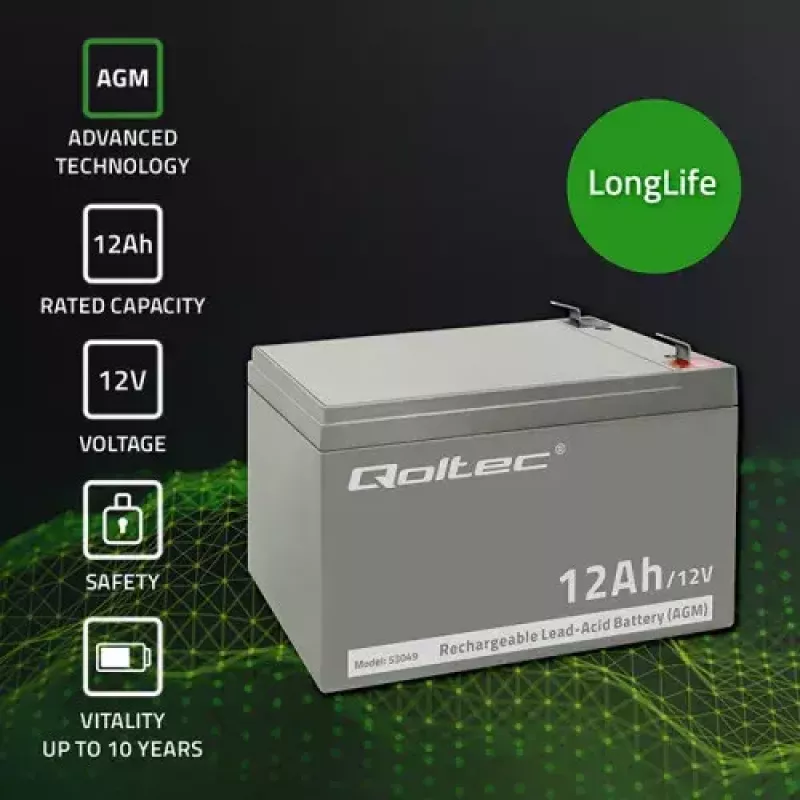 Qoltec 53049 AGM akumulators 12V 12Ah, pelēks, 150×98×95 mm