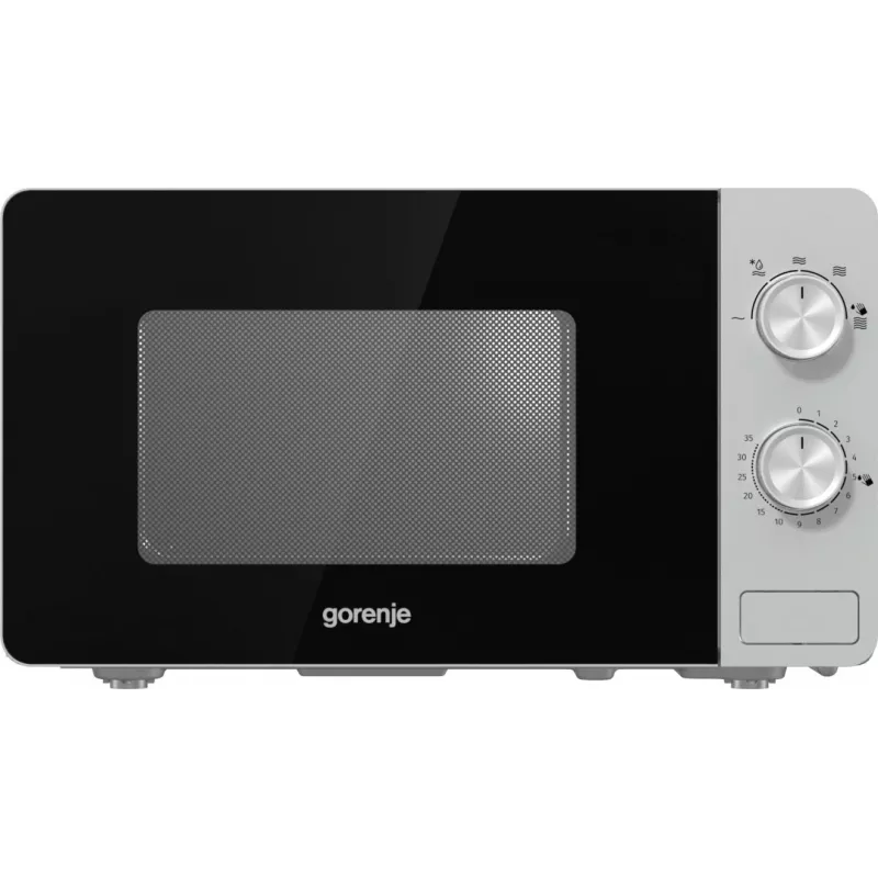 Solo mikroviļņu krāsns Gorenje MO20E1S — 20 L, 800 W, rotācijas vadība, 270 mm pagrieziena galds, nerūsējošais tērauds/melns