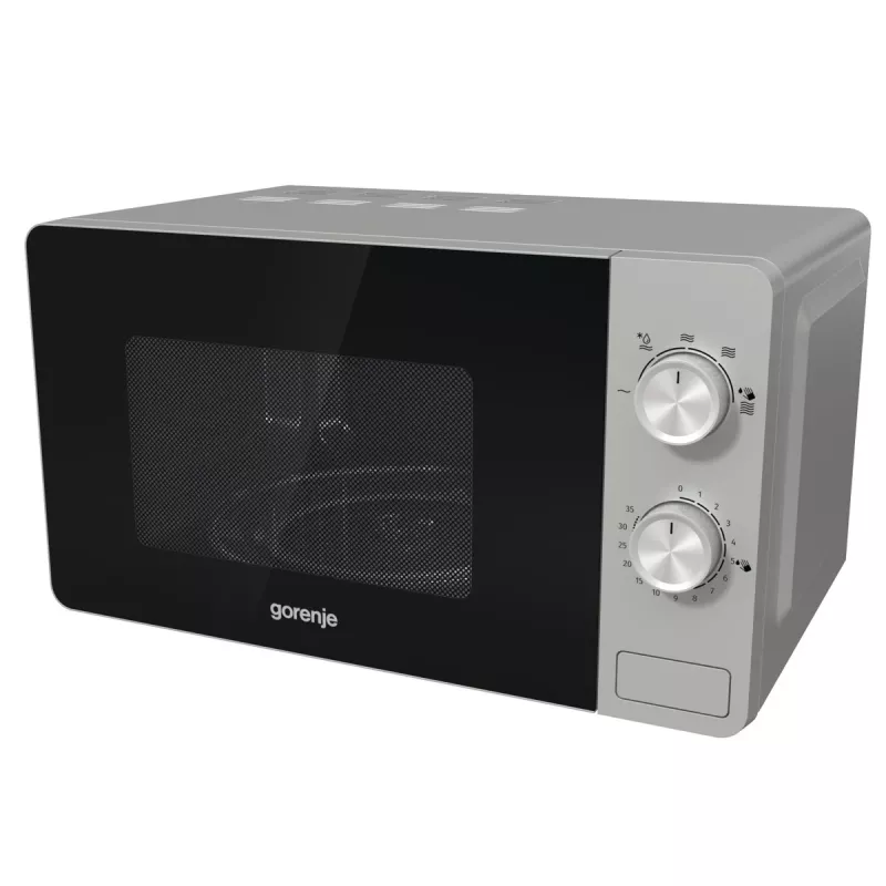 Solo mikroviļņu krāsns Gorenje MO20E1S — 20 L, 800 W, rotācijas vadība, 270 mm pagrieziena galds, nerūsējošais tērauds/melns