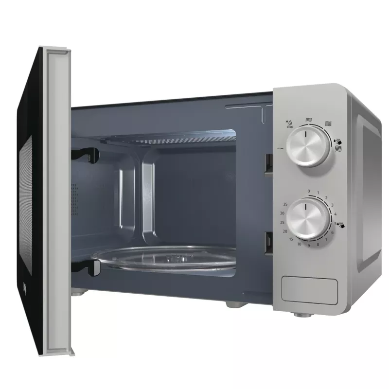 Solo mikroviļņu krāsns Gorenje MO20E1S — 20 L, 800 W, rotācijas vadība, 270 mm pagrieziena galds, nerūsējošais tērauds/melns
