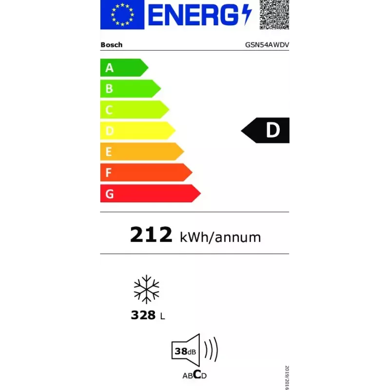 Brīvstāvošs saldētājs Bosch Serie 6 GSN54AWDV — 328 L neto, NoFrost, FastFreeze, LED displejs, Balts