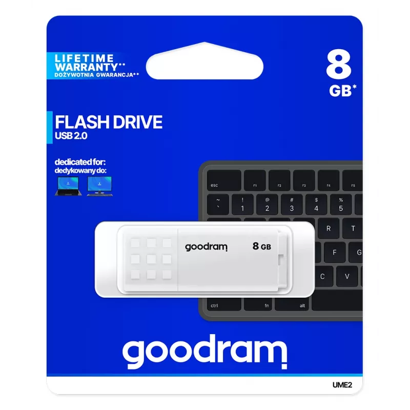 USB zibatmiņa GOODRAM UME2 8 GB USB 2.0 Type-A, balta, 20 MB/s lasīšana, 5 MB/s rakstīšana