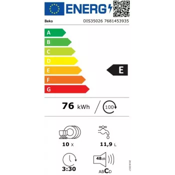 Iebūvējamā trauku mazgājamā mašīna BEKO DIS35026 — šaura 45 cm, 10 komplekti, 48 dB, 5 programmas, E energoklase