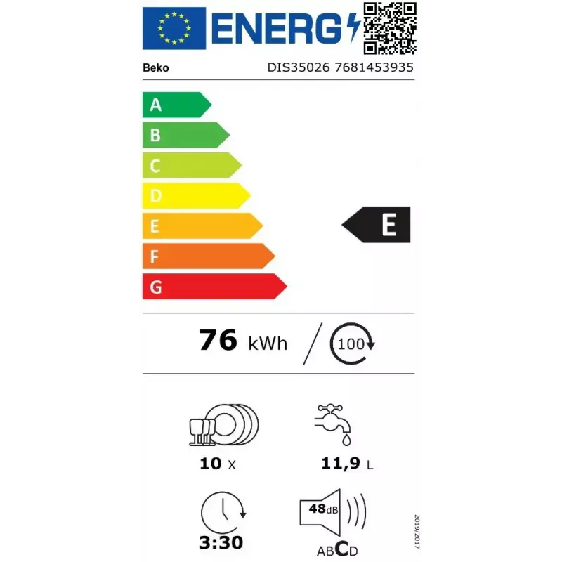 Iebūvējamā trauku mazgājamā mašīna BEKO DIS35026 — šaura 45 cm, 10 komplekti, 48 dB, 5 programmas, E energoklase