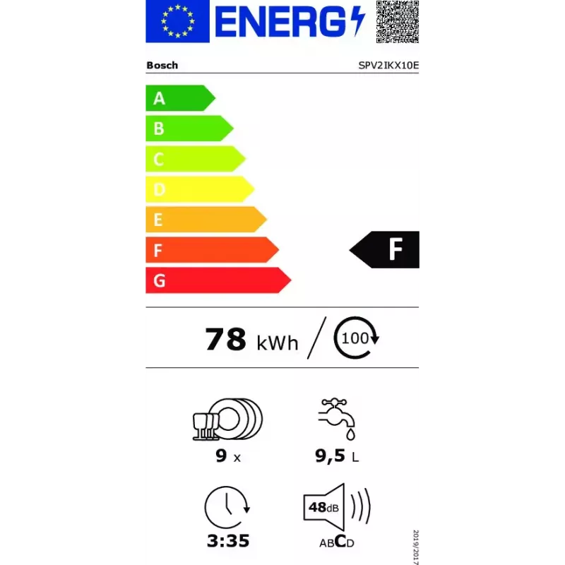Iebūvējamā trauku mazgājamā mašīna Bosch Serie 2 SPV2IKX10E, šaura 45 cm, 9 komplekti, 48 dB, 5 programmas, nerūsējošā tērauda vanna