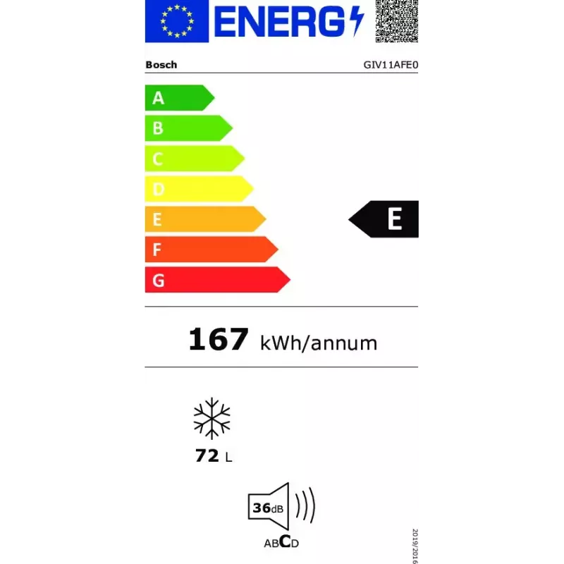 Iebūvējamais saldētājs Bosch Serie 6 GIV11AFE0 — 72 L, skārienvadība, LED displejs, pārveramās durvis, 36 dB