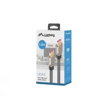 HDMI kabelis LANBERG CA-HDMI-30CU-0018-BK — HDMI 2.1, 1.8 m, 48 Gbit/s, 7680×4320, 240 Hz, ARC, eARC/Ethernet atbalsts