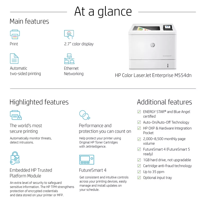 HP Color LaserJet Enterprise M554dn Printer, krāsu, 1200 x 1200 DPI, A4, 33 ppm, abpusējā druka
