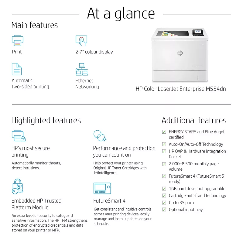 HP Color LaserJet Enterprise M554dn Printer, krāsu, 1200 x 1200 DPI, A4, 33 ppm, abpusējā druka