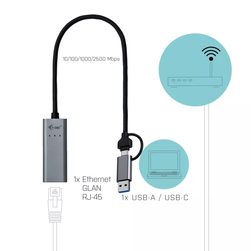 i-tec Metal USB-C/USB-A 2.5Gbps Ethernet Adapter, vadu, USB Type-A/USB Type-C, Ethernet, 2500 Mbit/s, pelēks