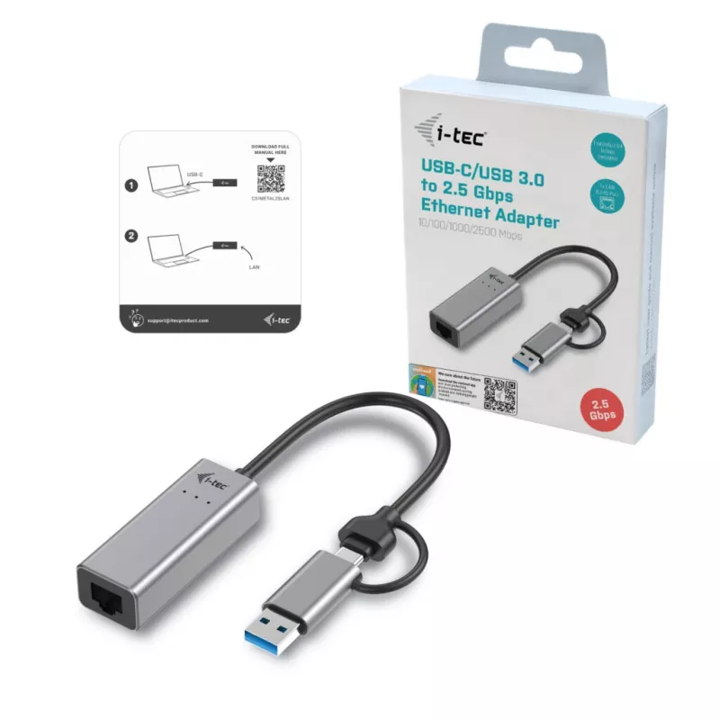 i-tec Metal USB-C/USB-A 2.5Gbps Ethernet Adapter, vadu, USB Type-A/USB Type-C, Ethernet, 2500 Mbit/s, pelēks