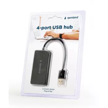 USB centrmezgls Gembird UHB-U2P4-04 — 4 portu USB 2.0, plug-and-play, melns, 480 Mbit/s