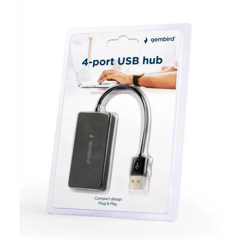 USB centrmezgls Gembird UHB-U2P4-04 — 4 portu USB 2.0, plug-and-play, melns, 480 Mbit/s