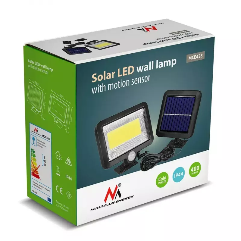 Āra saules LED prožektors MACLEAN MCE438, 5W, 400 lm, IP44, Li-Ion 5.2V, sienas montāža, balta gaisma, melns