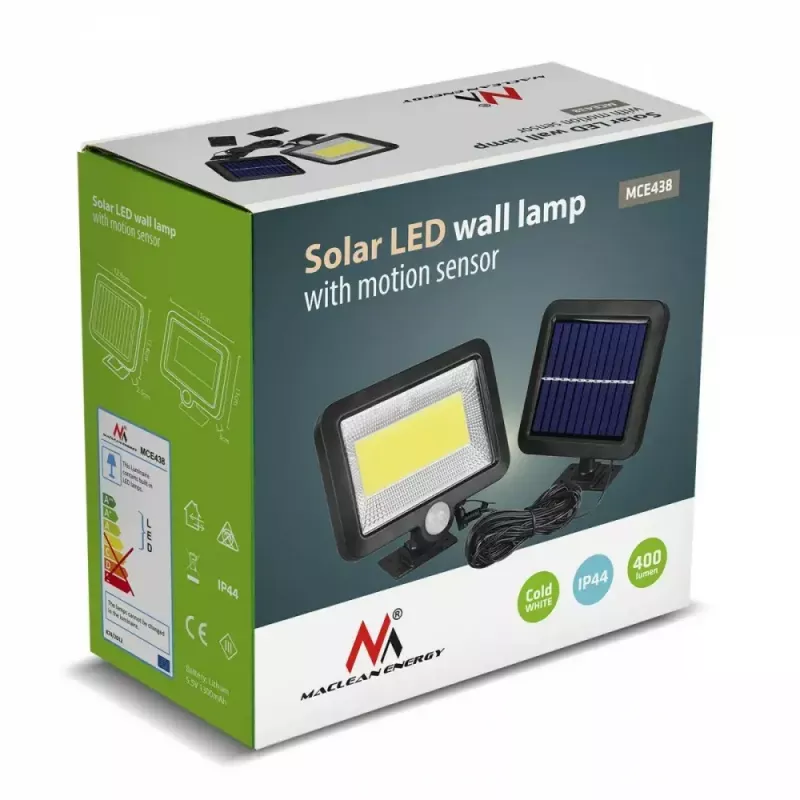 Āra saules LED prožektors MACLEAN MCE438, 5W, 400 lm, IP44, Li-Ion 5.2V, sienas montāža, balta gaisma, melns