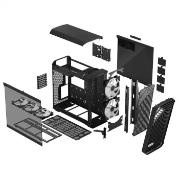 PC korpuss Fractal Design Torrent Tower Black — ATX/EATX/ITX, 2x180mm priekšējie ventilatori, 2x3.5 collu un 4x2.5 collu vietas, rūdīts stikls