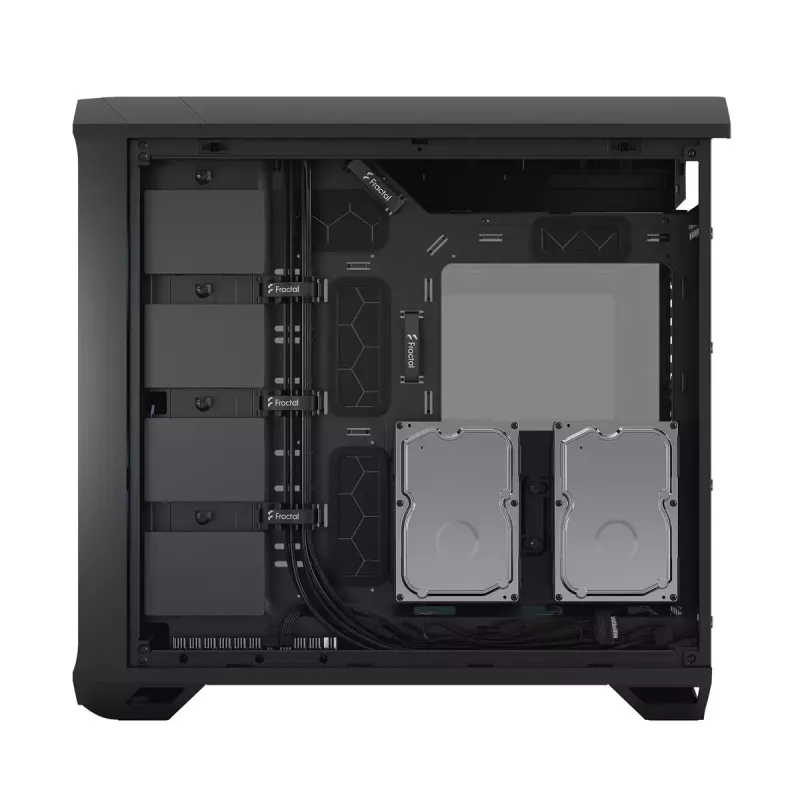 PC korpuss Fractal Design Torrent Tower Black — ATX/EATX/ITX, 2x180mm priekšējie ventilatori, 2x3.5 collu un 4x2.5 collu vietas, rūdīts stikls