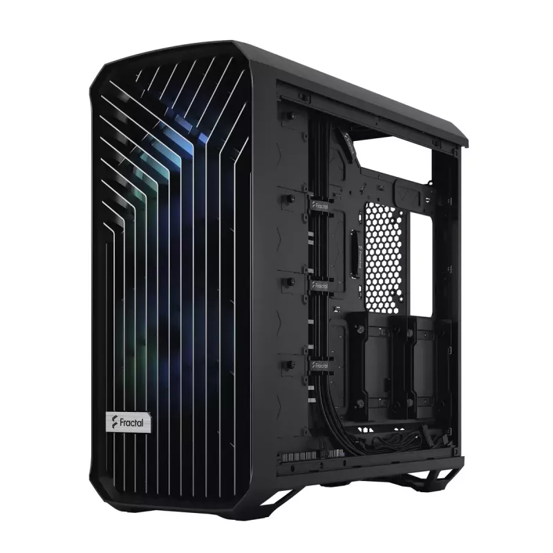 PC korpuss Fractal Design Torrent Tower Black — ATX/EATX/ITX, 2x180mm priekšējie ventilatori, 2x3.5 collu un 4x2.5 collu vietas, rūdīts stikls
