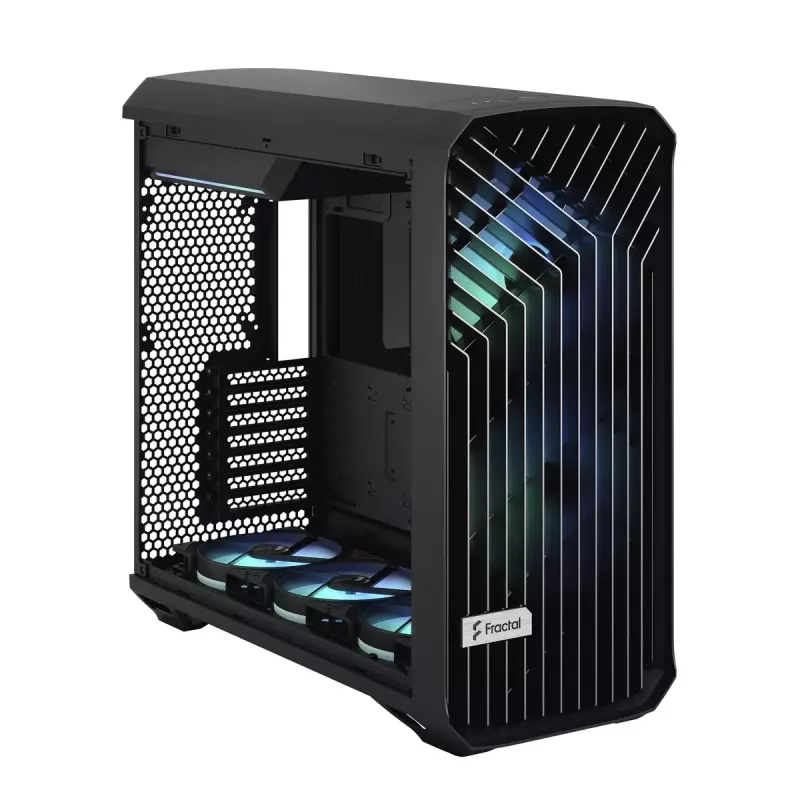 PC korpuss Fractal Design Torrent Tower Black — ATX/EATX/ITX, 2x180mm priekšējie ventilatori, 2x3.5 collu un 4x2.5 collu vietas, rūdīts stikls