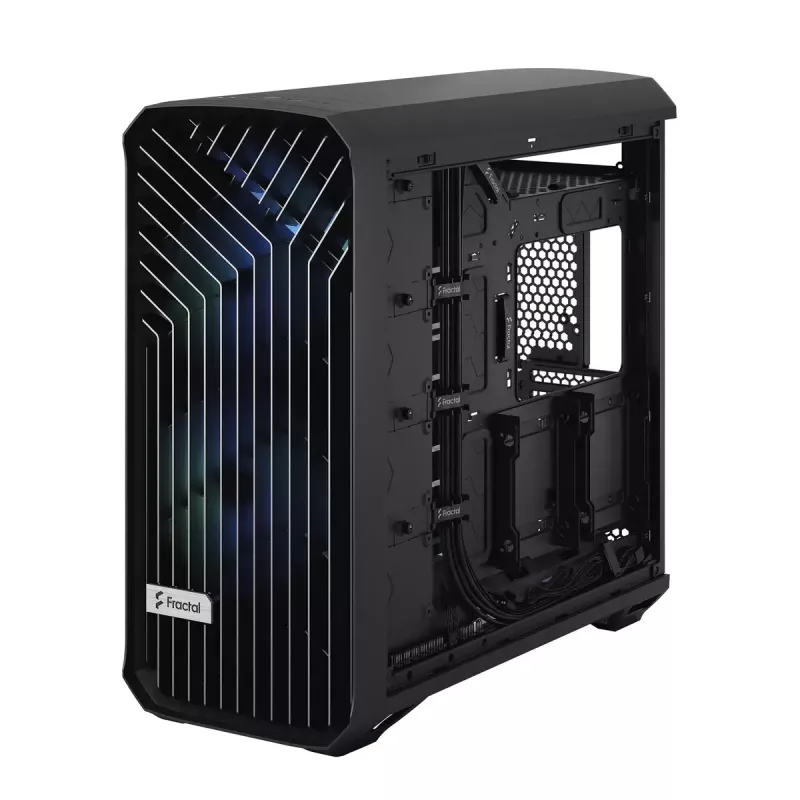PC korpuss Fractal Design Torrent Tower Black — ATX/EATX/ITX, 2x180mm priekšējie ventilatori, 2x3.5 collu un 4x2.5 collu vietas, rūdīts stikls