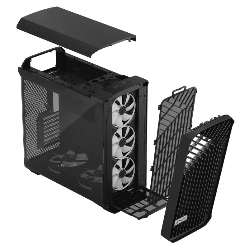PC korpuss Fractal Design Torrent Tower Black — ATX/EATX/ITX, 2x180mm priekšējie ventilatori, 2x3.5 collu un 4x2.5 collu vietas, rūdīts stikls