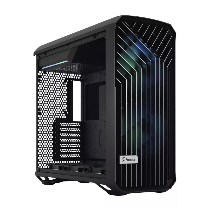 PC korpuss Fractal Design Torrent Tower Black — ATX/EATX/ITX, 2x180mm priekšējie ventilatori, 2x3.5 collu un 4x2.5 collu vietas, rūdīts stikls