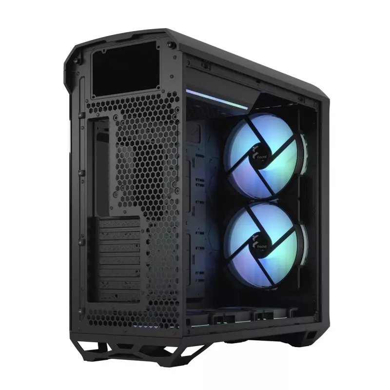 PC korpuss Fractal Design Torrent Tower Black — ATX/EATX/ITX, 2x180mm priekšējie ventilatori, 2x3.5 collu un 4x2.5 collu vietas, rūdīts stikls