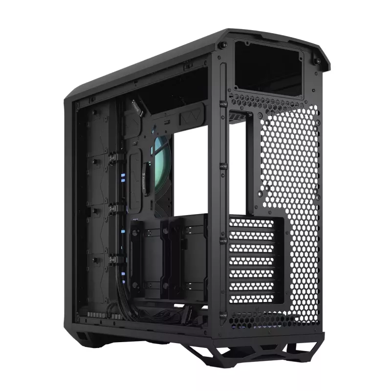 PC korpuss Fractal Design Torrent Tower Black — ATX/EATX/ITX, 2x180mm priekšējie ventilatori, 2x3.5 collu un 4x2.5 collu vietas, rūdīts stikls