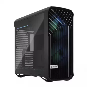 PC korpuss Fractal Design Torrent Tower Black — ATX/EATX/ITX, 2x180mm priekšējie ventilatori, 2x3.5 collu un 4x2.5 collu vietas, rūdīts stikls