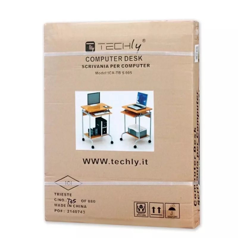 Datorgalds TECHLY Compact ICA-TB S005 — kompakts datorgalds, MDF virsma, tastatūras plaukts, riteņi, 600×450×750 mm, dižskābardis
