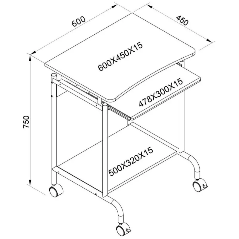 Datorgalds TECHLY Compact ICA-TB S005 — kompakts datorgalds, MDF virsma, tastatūras plaukts, riteņi, 600×450×750 mm, dižskābardis