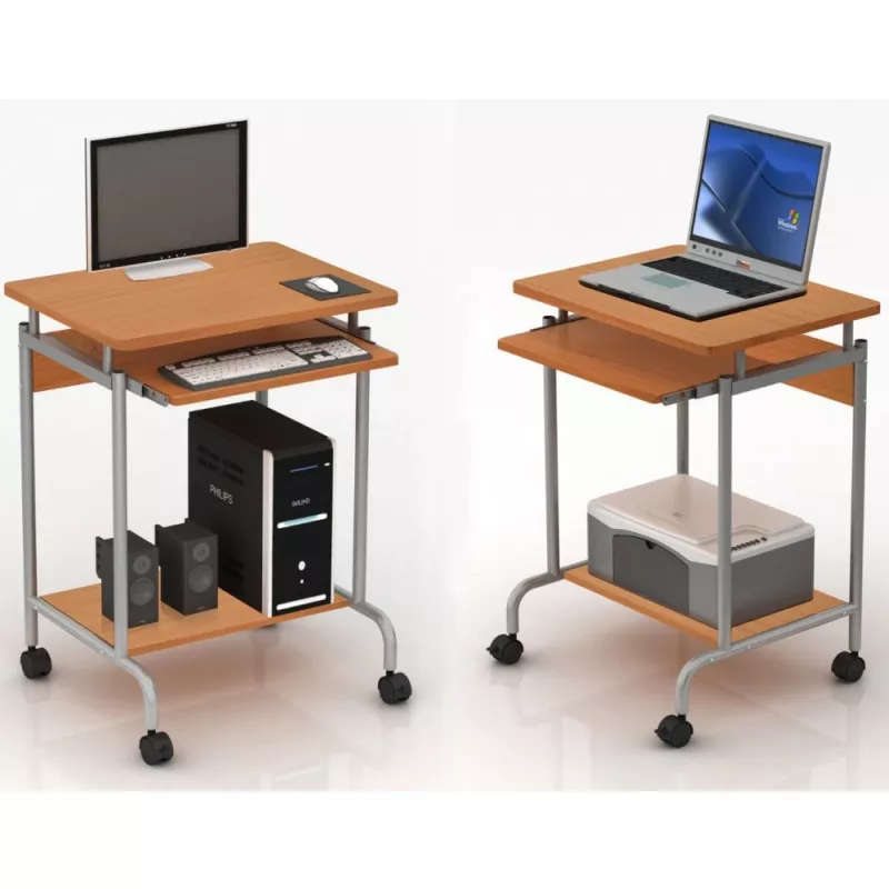 Datorgalds TECHLY Compact ICA-TB S005 — kompakts datorgalds, MDF virsma, tastatūras plaukts, riteņi, 600×450×750 mm, dižskābardis