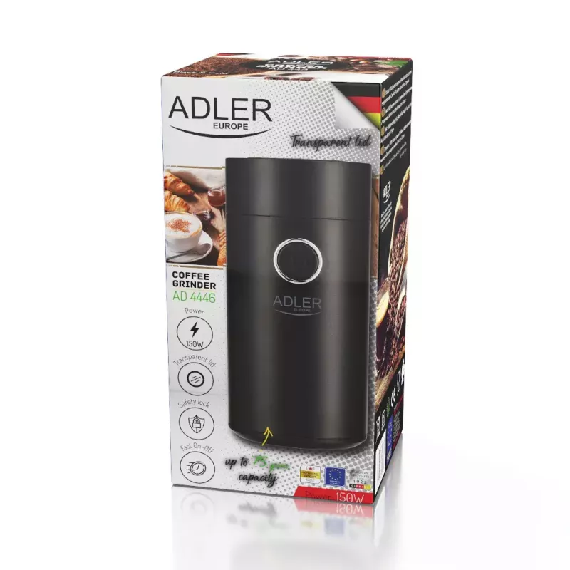 Kafijas dzirnaviņas Adler AD4446BS — 150 W, nerūsējošā tērauda dzirnaviņas, 75 g pupiņu tvertne, melna