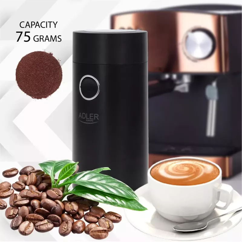 Kafijas dzirnaviņas Adler AD4446BS — 150 W, nerūsējošā tērauda dzirnaviņas, 75 g pupiņu tvertne, melna