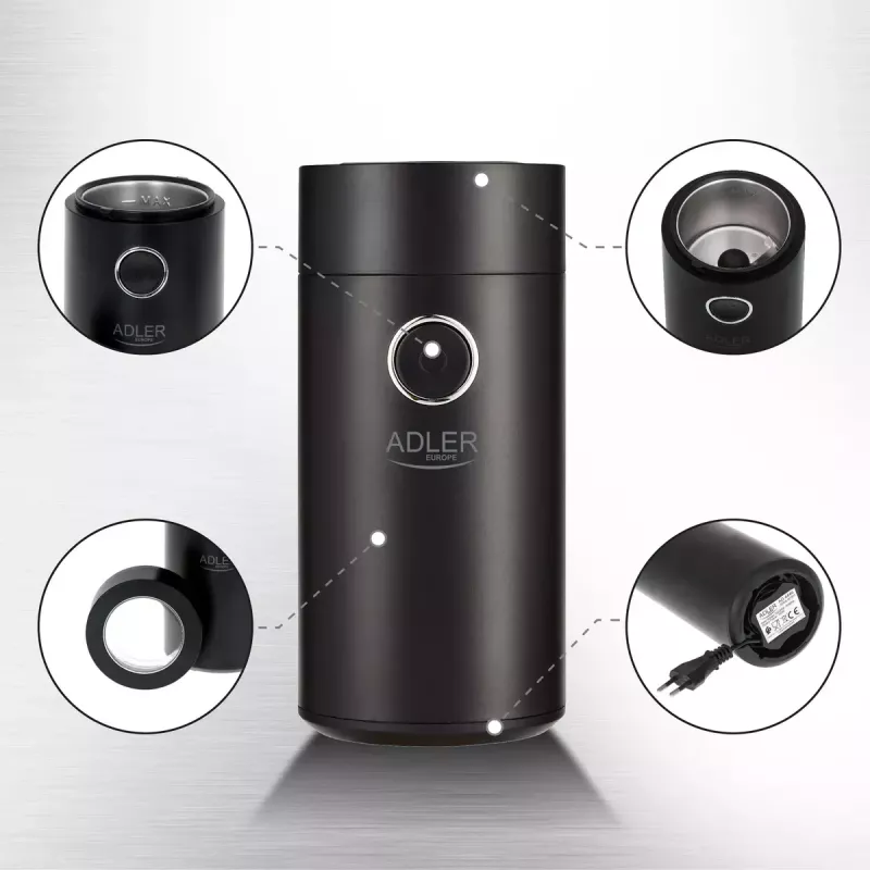 Kafijas dzirnaviņas Adler AD4446BS — 150 W, nerūsējošā tērauda dzirnaviņas, 75 g pupiņu tvertne, melna