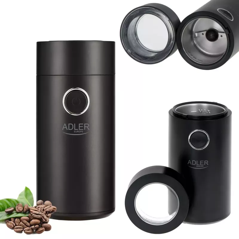 Kafijas dzirnaviņas Adler AD4446BS — 150 W, nerūsējošā tērauda dzirnaviņas, 75 g pupiņu tvertne, melna