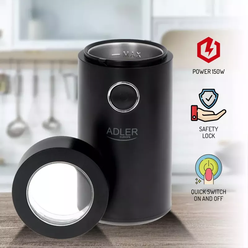 Kafijas dzirnaviņas Adler AD4446BS — 150 W, nerūsējošā tērauda dzirnaviņas, 75 g pupiņu tvertne, melna