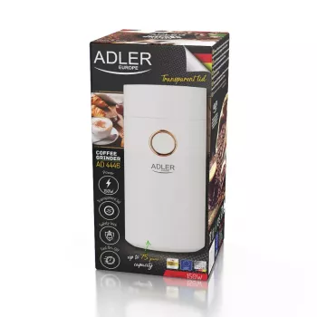 Kafijas dzirnaviņas ar dzirnakmeņiem Adler AD4446WG — elektriskā, nerūsējošā tērauda dzirnakmeņi, 75 g tvertne, 150 W, balta
