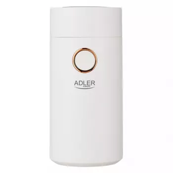 Kafijas dzirnaviņas ar dzirnakmeņiem Adler AD4446WG — elektriskā, nerūsējošā tērauda dzirnakmeņi, 75 g tvertne, 150 W, balta