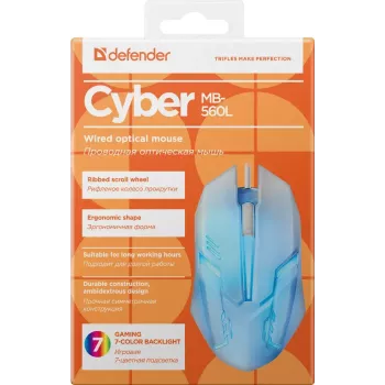 Vadu spēļu pele DEFENDER Cyber MB-560L — optiskā 1200 DPI, abpusēja, USB Type-A, balta, 1.5 m kabelis