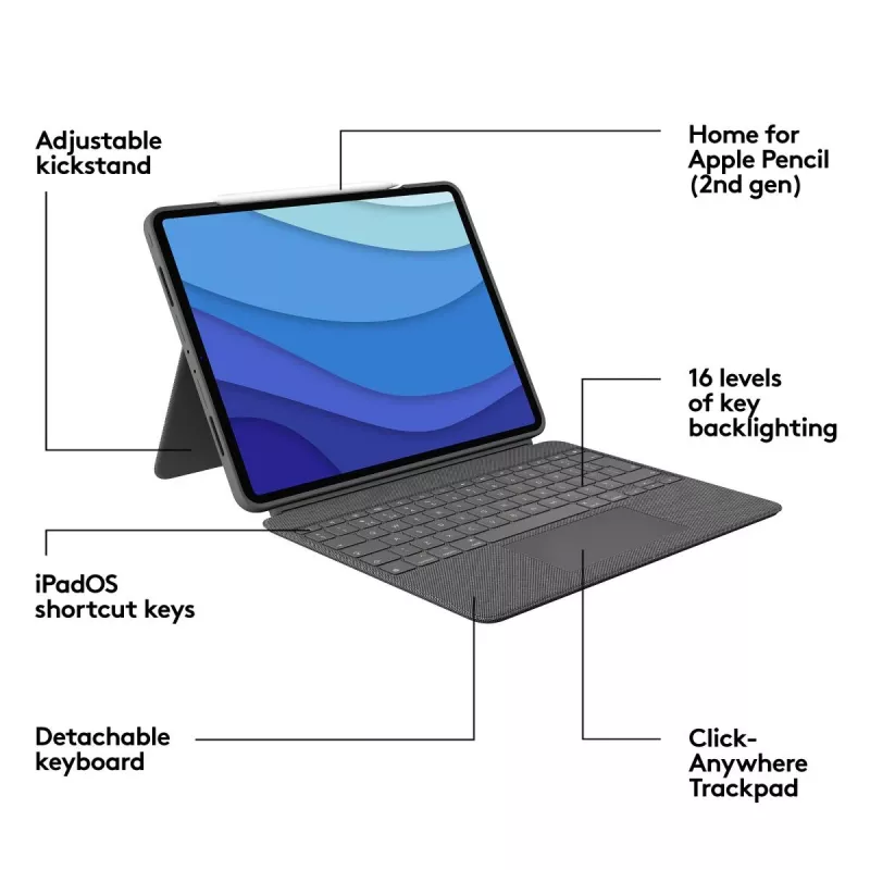 LOGITECH Combo Touch - iPad Pro 12.9 collu (5. paaudze) - Angļu QWERTY tastatūra